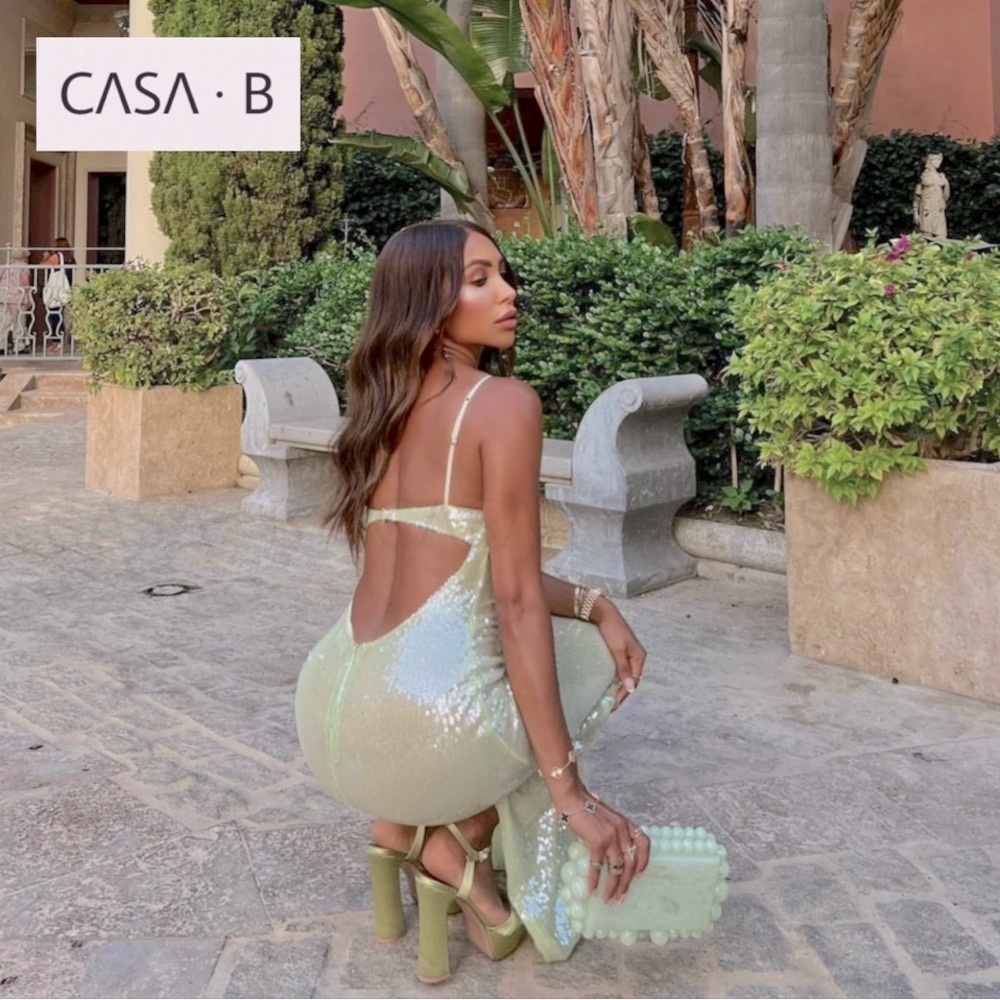 NEW💫CASA B| Elena Sultry Sheer Sequin Open Back Cutout Lime green Evening Dress